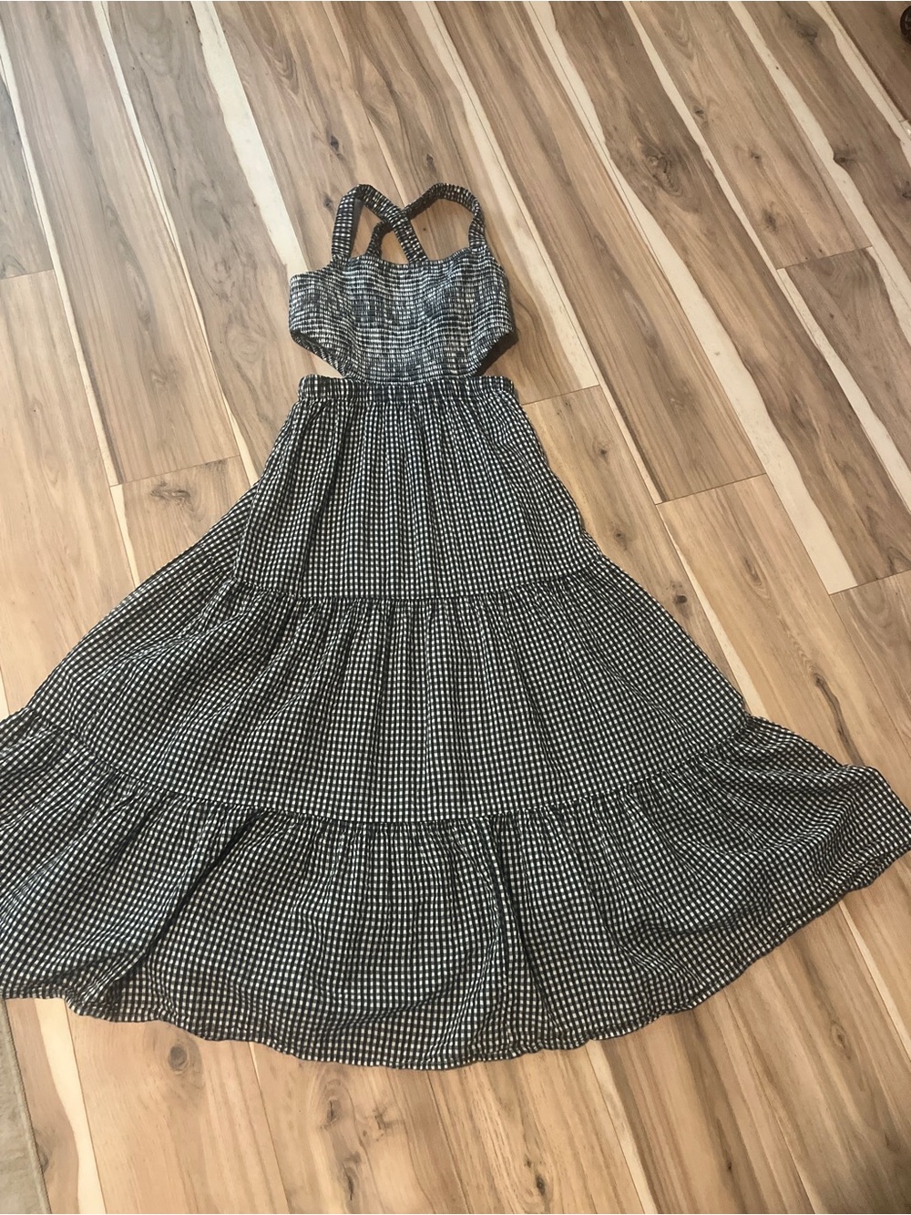 Smocked Gingham Black and White Maxi Dress with Crisscross Straps